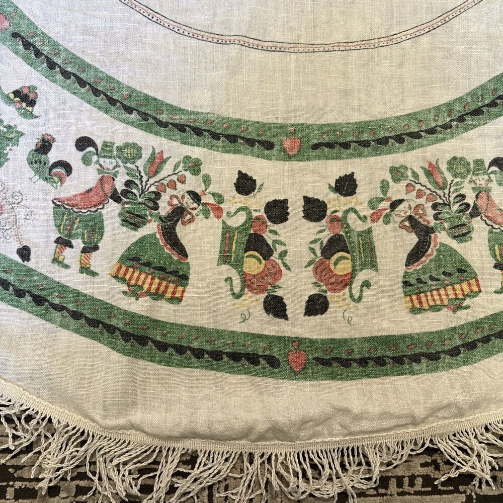 VTG Pennsylvania Dutch Folk Art Round 56” Linen Tablecloth Fringe Mid Century